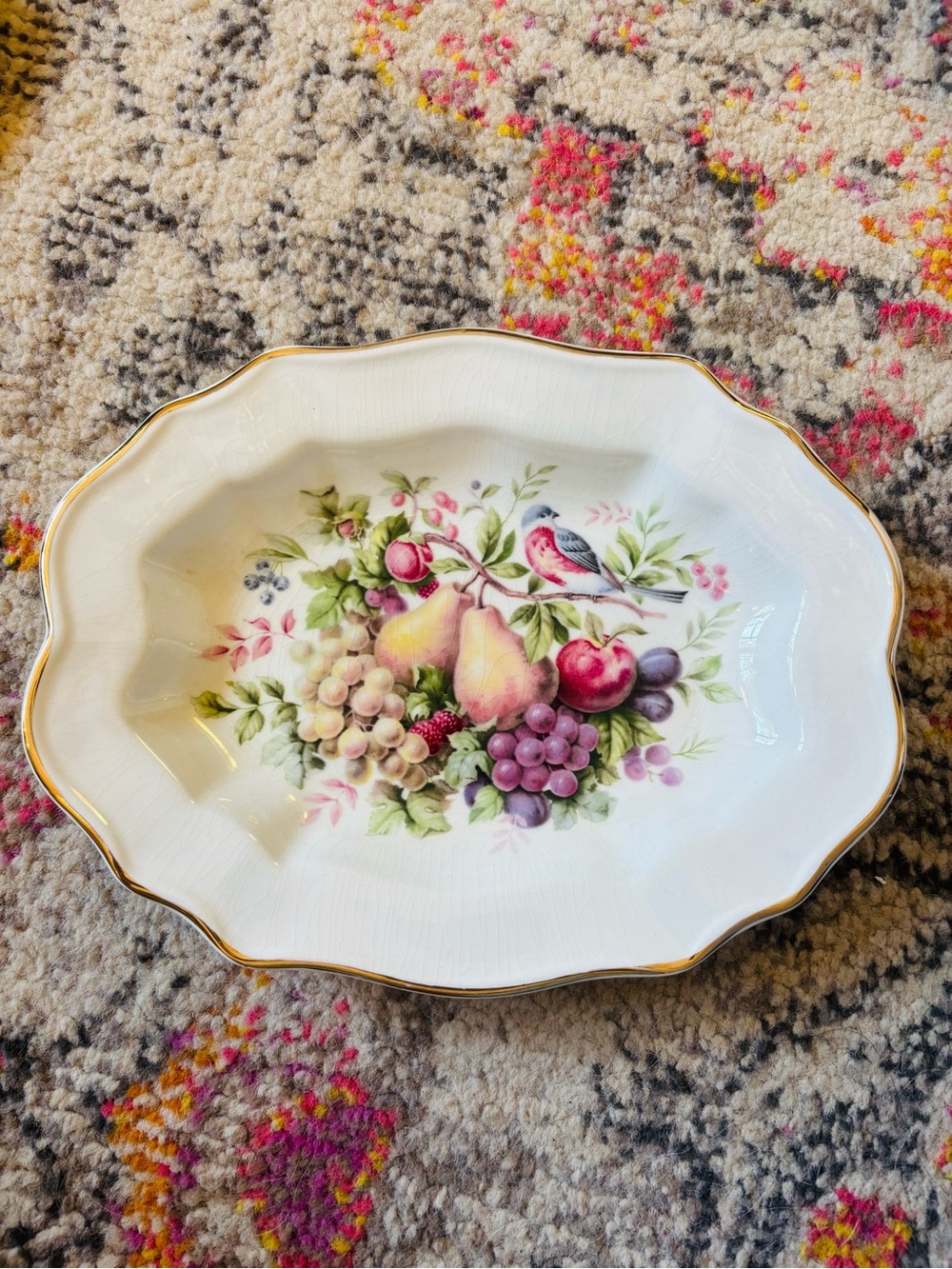 Avon Enoch Wedgwood Fruit Bird Oval Dish 22K Gold Trim